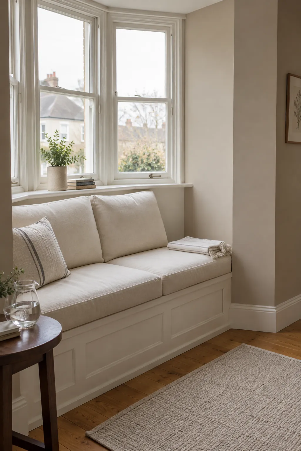 Oatmeal walls framing cream seating