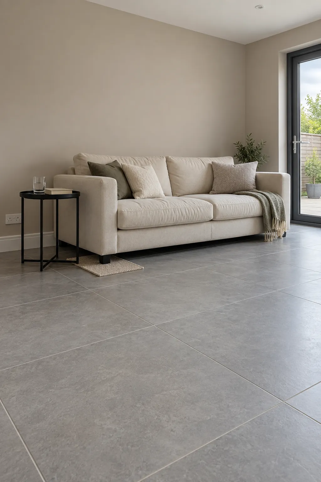Warm greige above cool grey tiles