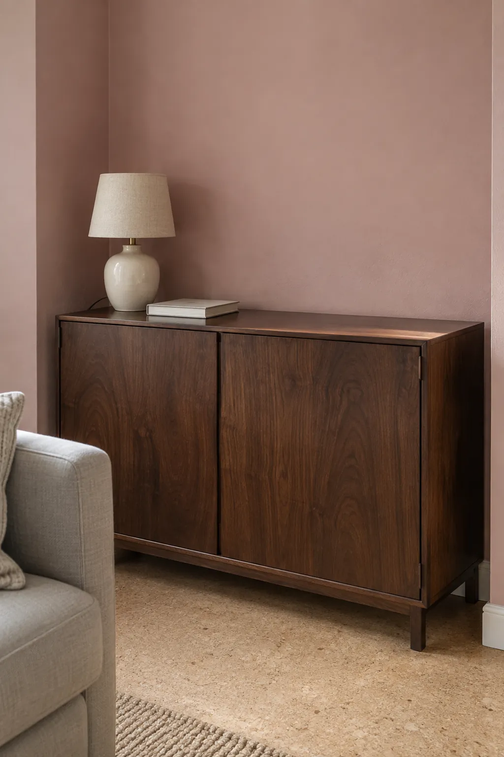 Dusty pink behind dark walnut furniture