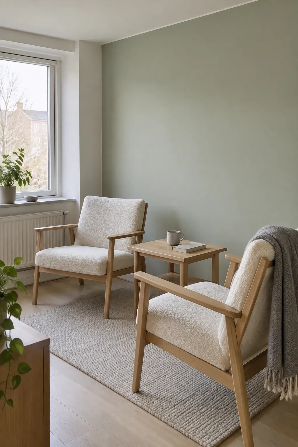 Pale sage with light wood seating