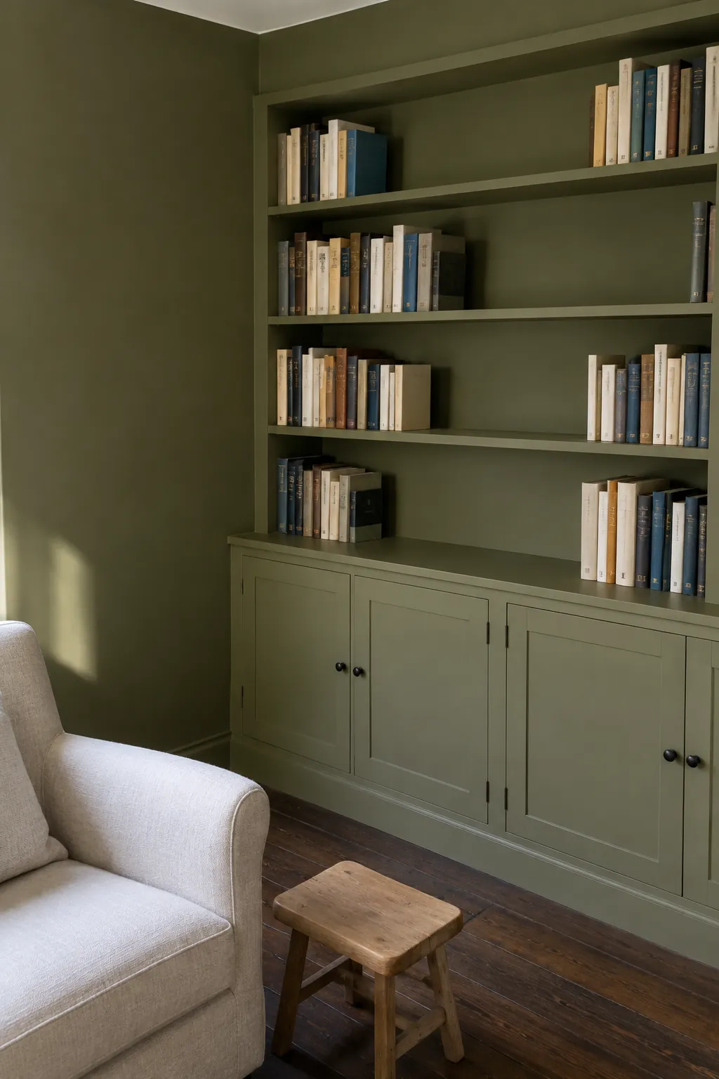 Olive walls and matching built in storage