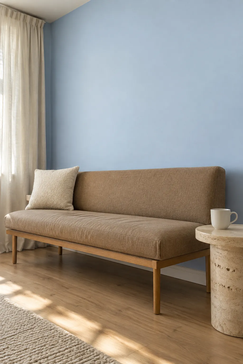 Powder blue with warm neutral furnishings