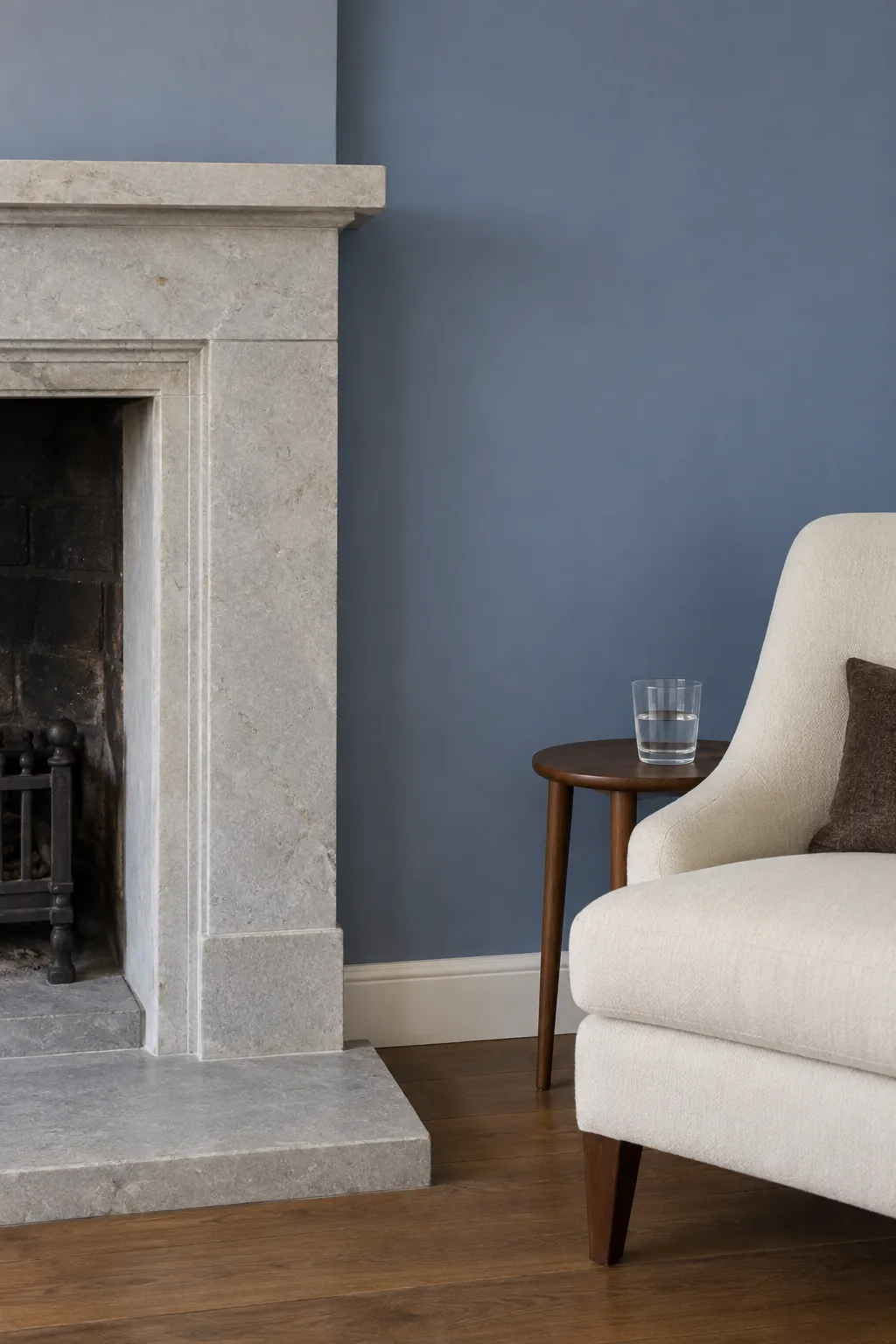 Slate blue adjoining a stone fireplace