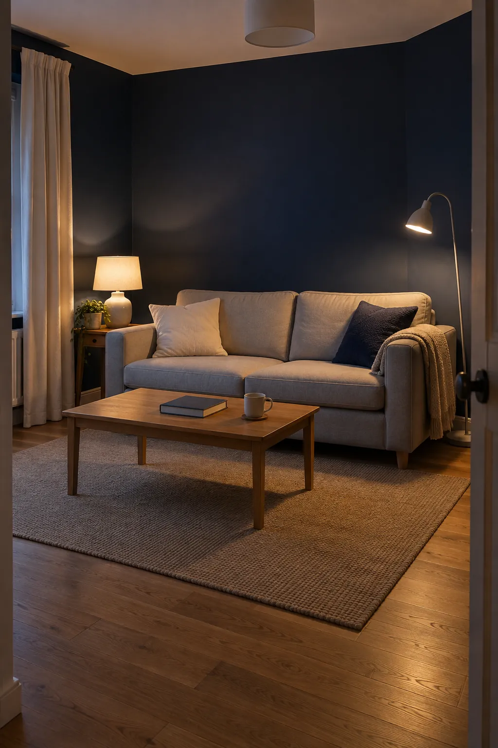 Navy walls with useful evening lighting