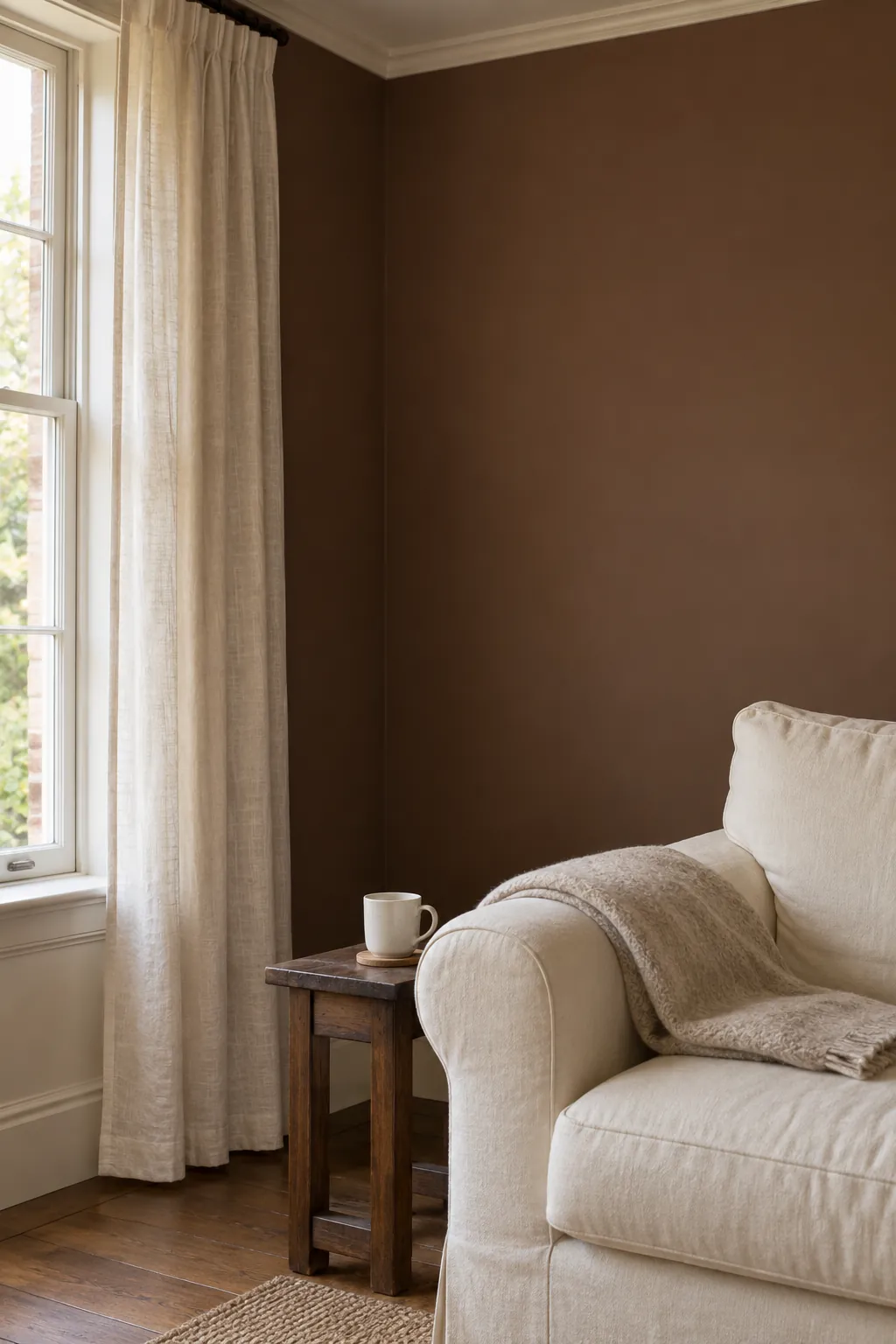 Cocoa walls with pale textiles
