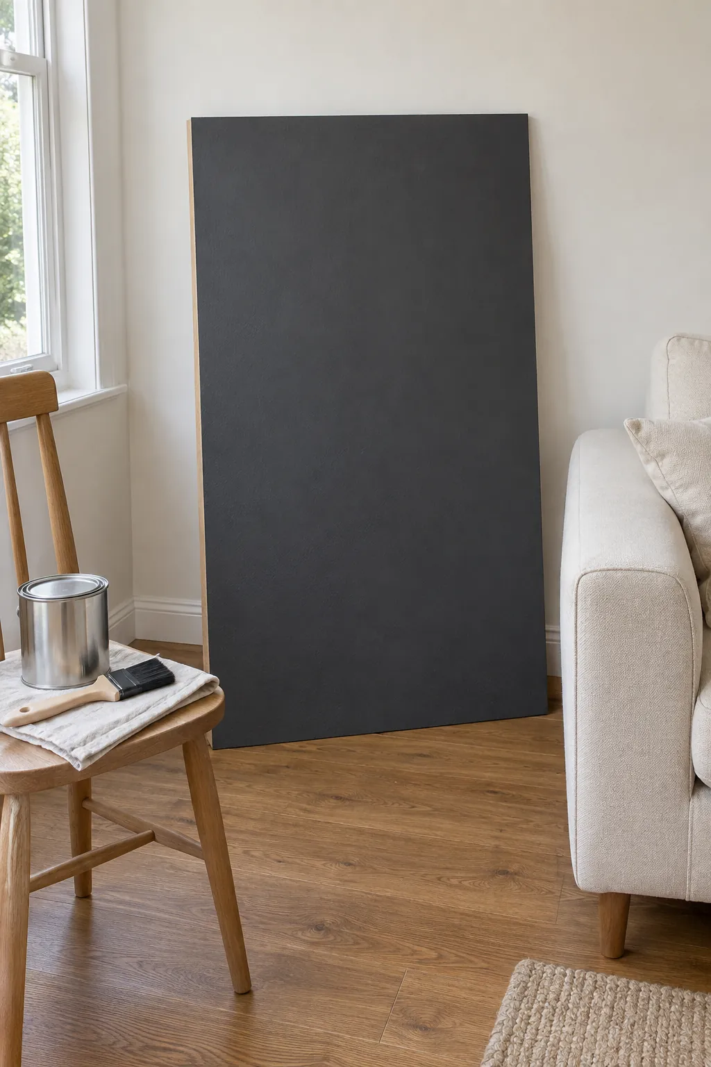 Charcoal sample board near light furniture