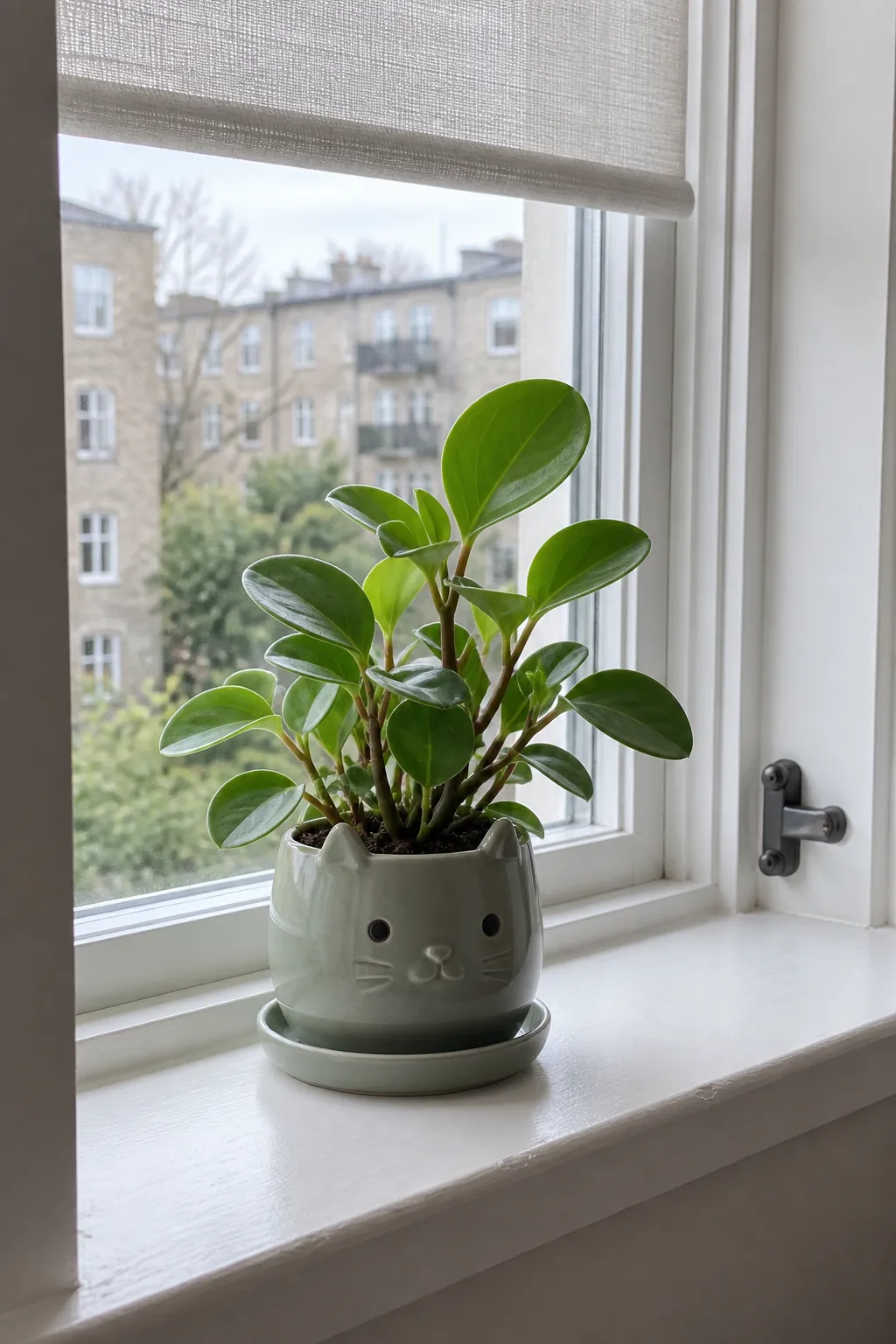 Peperomia growing in a cat planter beside a bright window