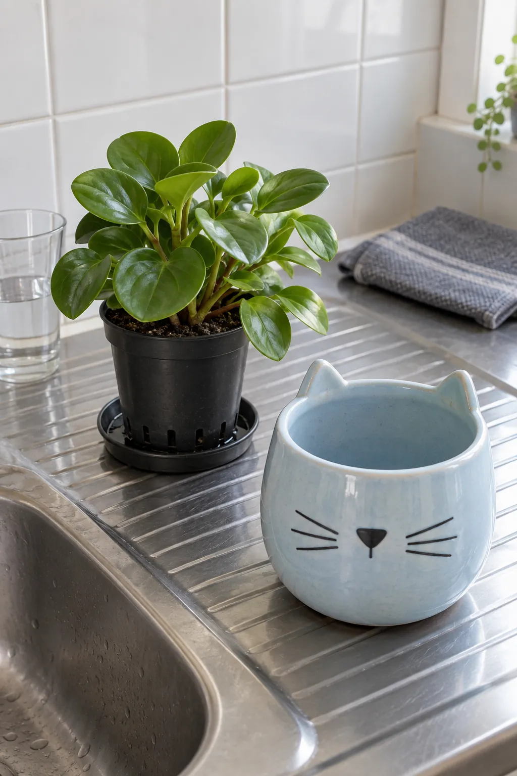 Cat ceramic cachepot beside a draining nursery pot