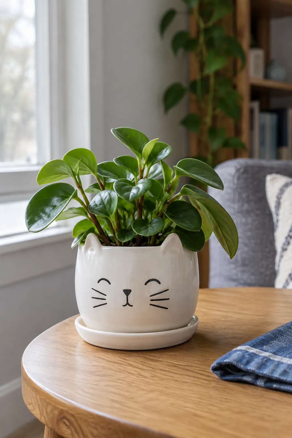 White ceramic cat planter with green peperomia on an oak table