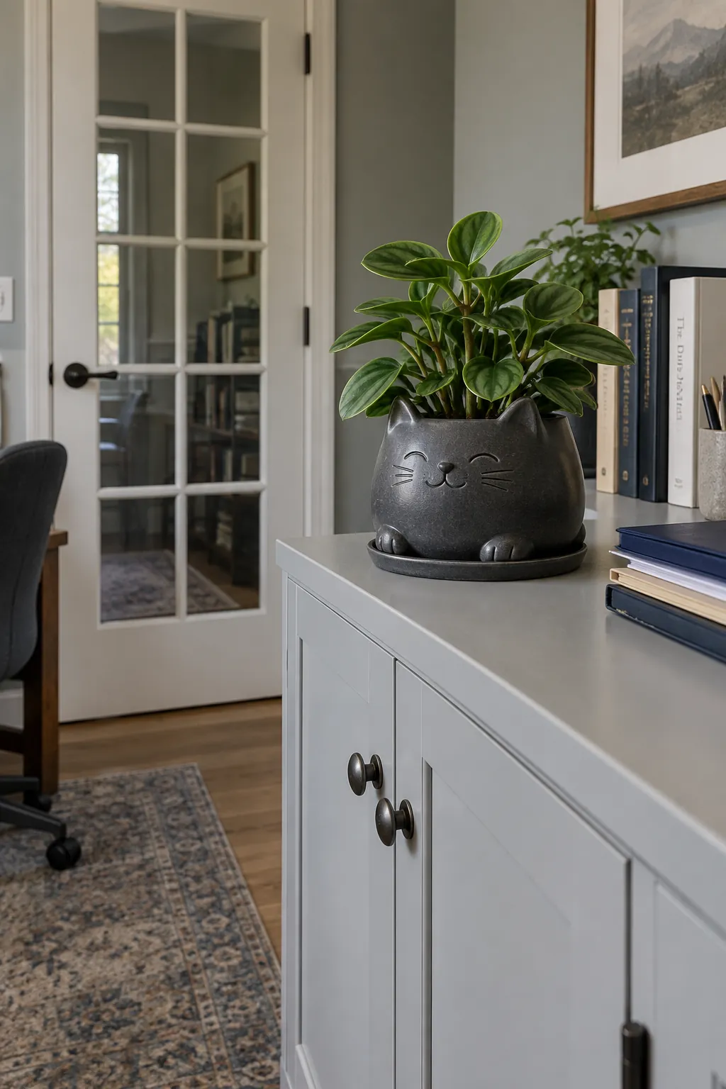 Broad based cat planter in an enclosed study