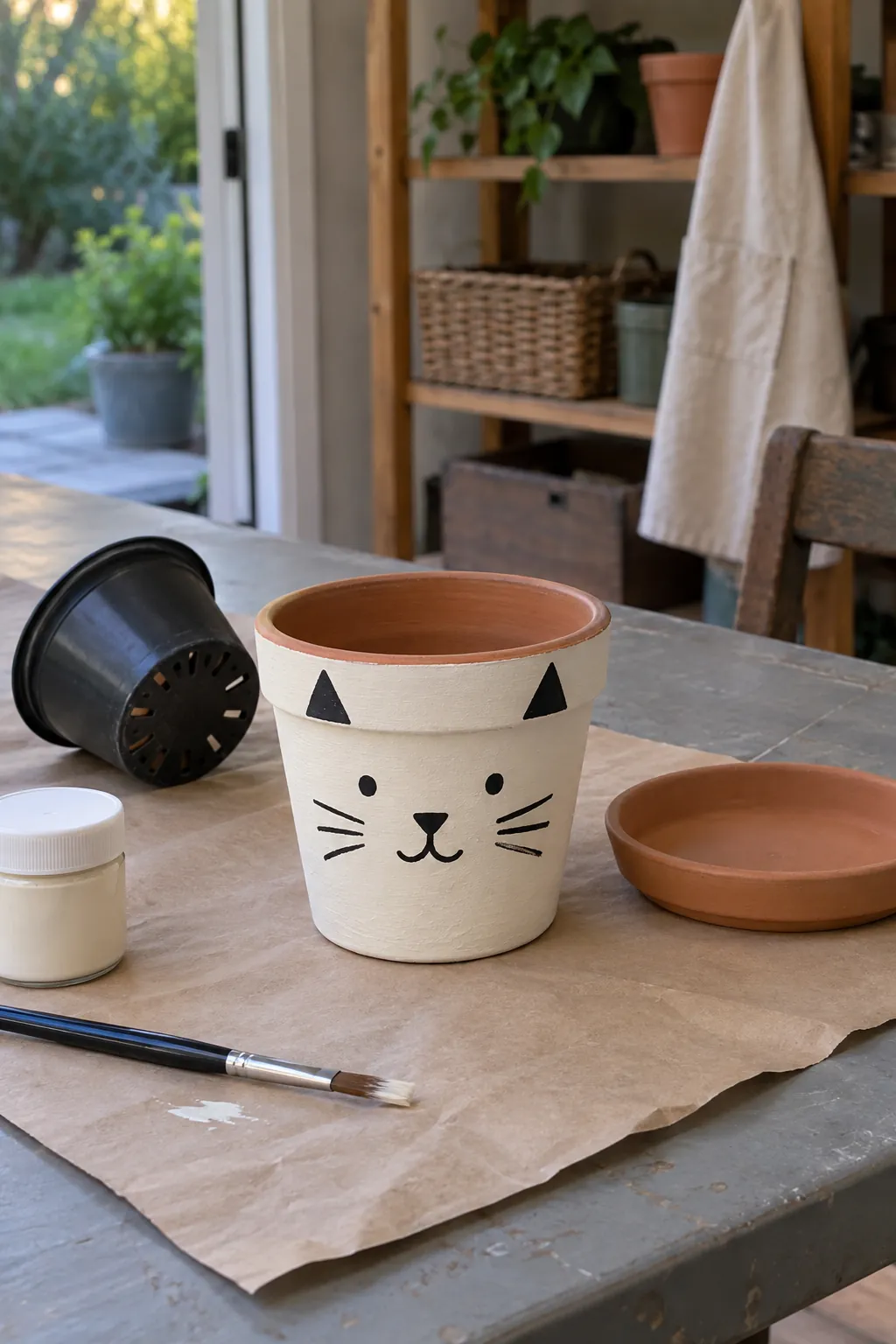 Painted cat face planter drying on a craft table