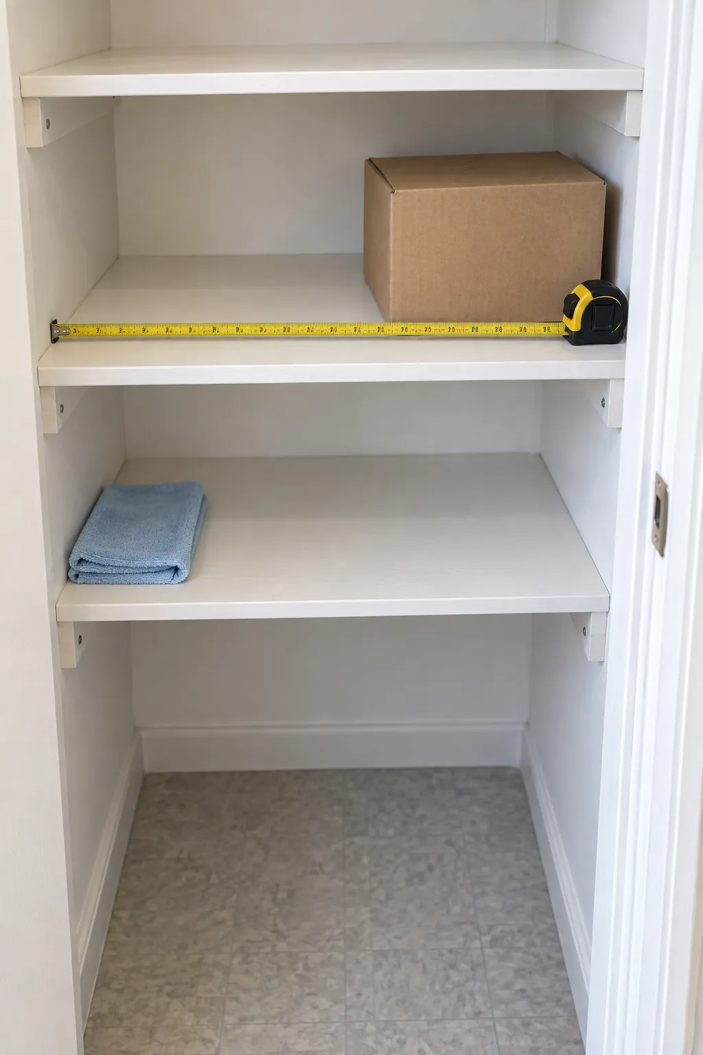 Measuring a pantry shelf opening with a cardboard test box