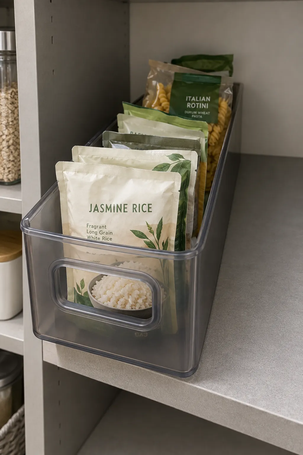 Handled bin of lightweight packets on a deep pantry shelf