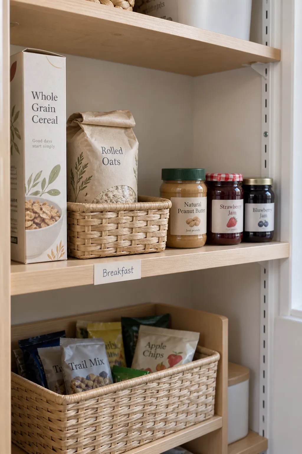 Breakfast foods grouped on a shallow pantry shelf