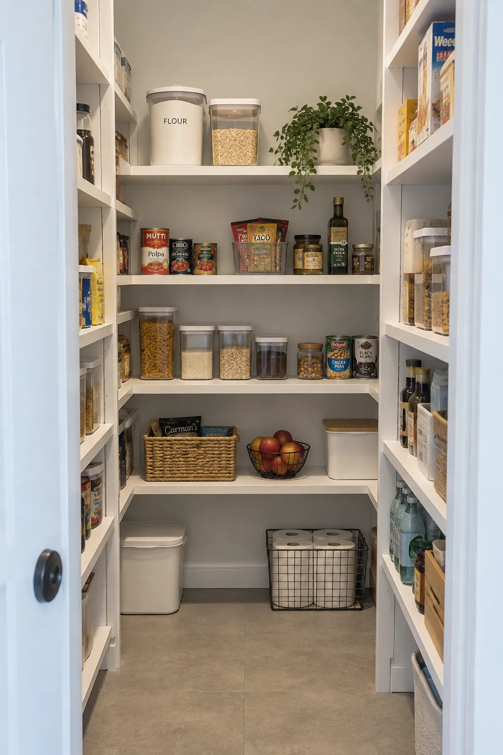 Compact pantry with reachable shelves and a clear walking aisle