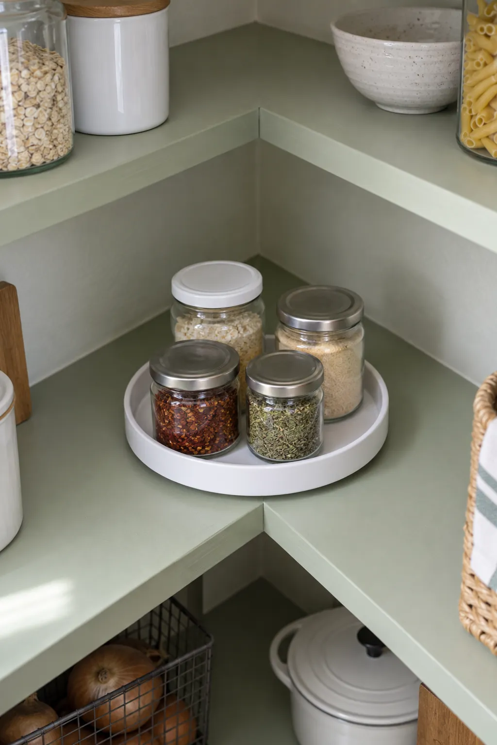 Small turntable with clear space on corner pantry shelves