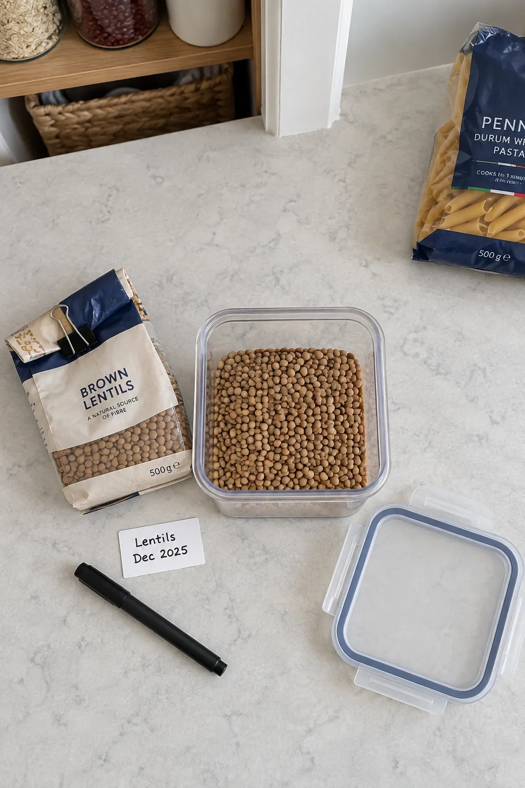 Lentil container beside retained packaging and a label