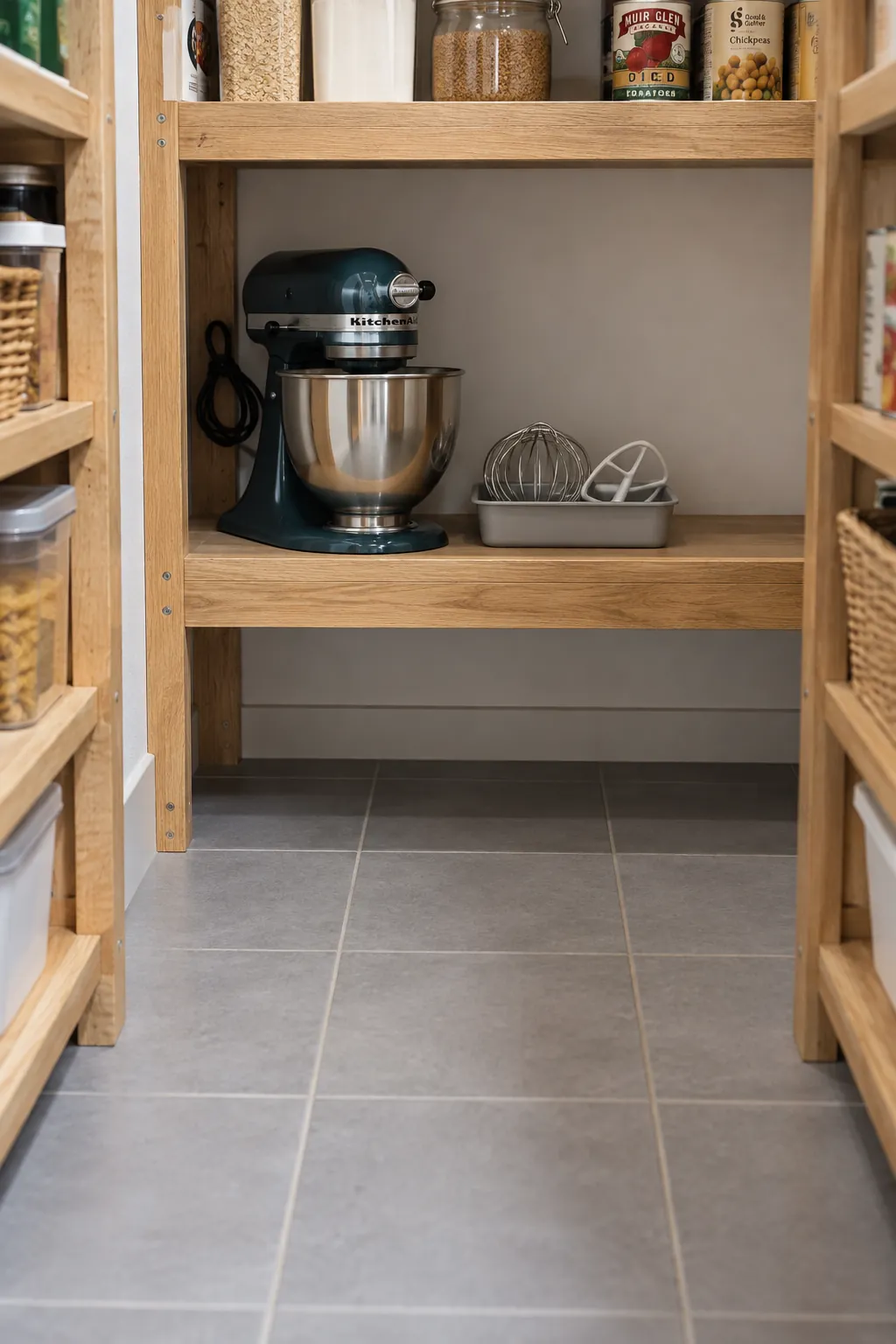 Stand mixer stored on a sturdy low shelf with a clear aisle