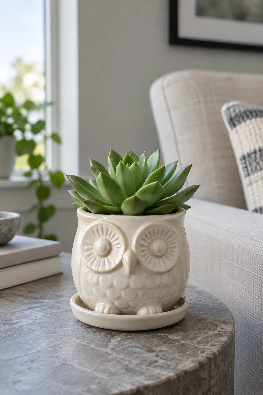 Ivory owl planter with a compact succulent on a stone side table