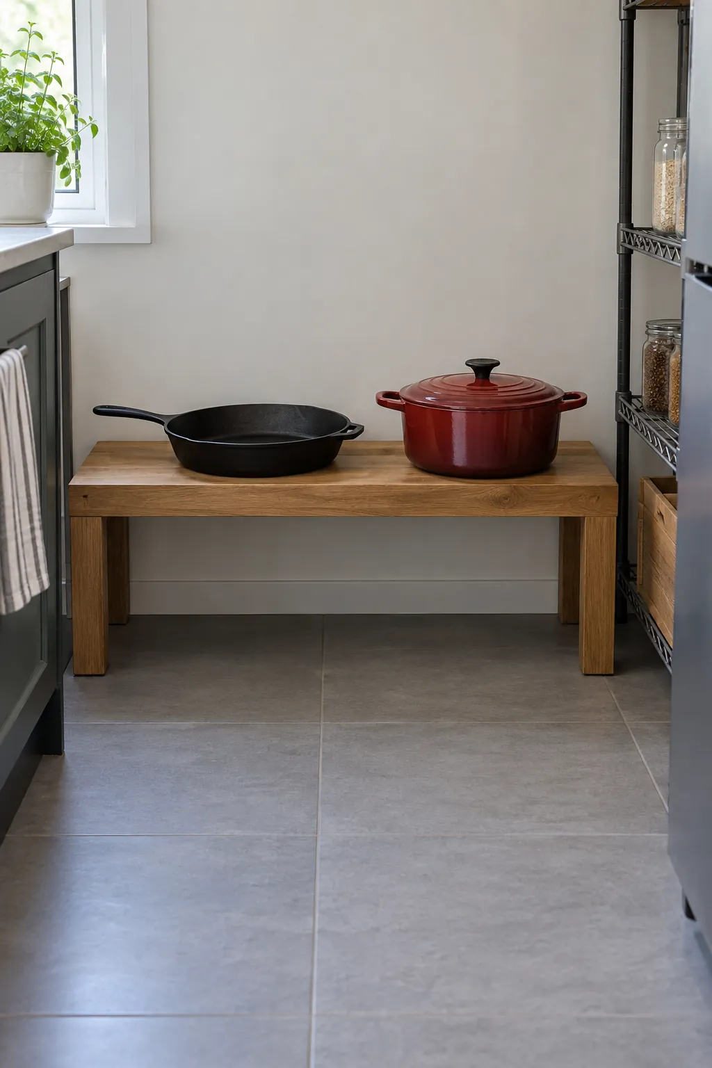 Cast iron pots stored separately on a sturdy kitchen shelf