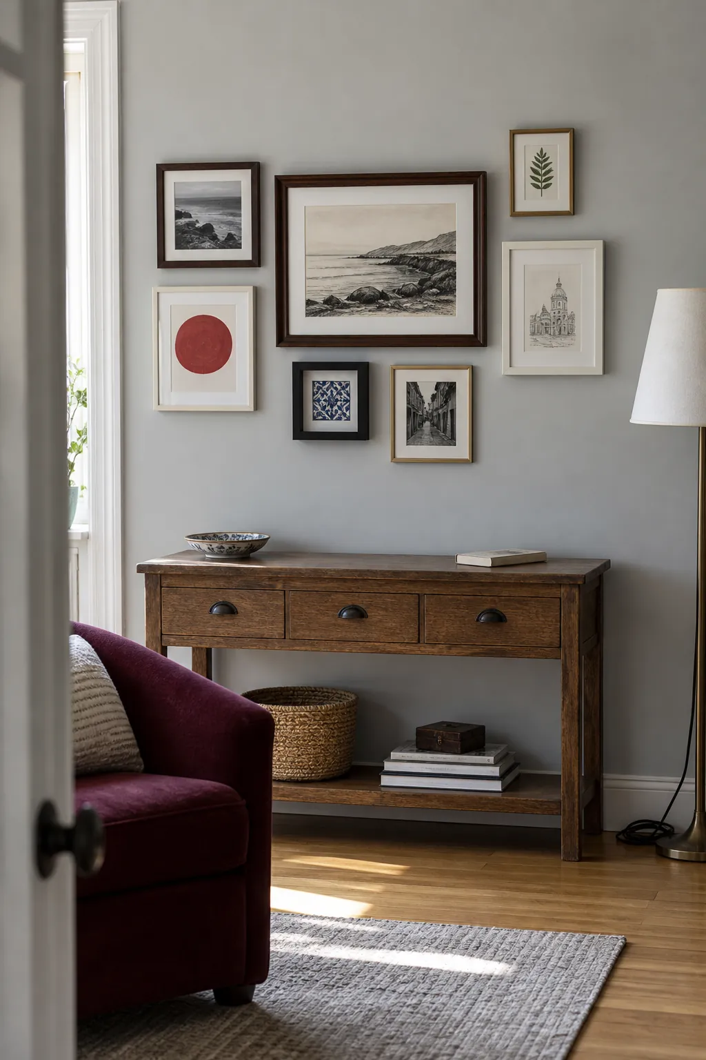 Personal gallery of varied picture frames above an oak console