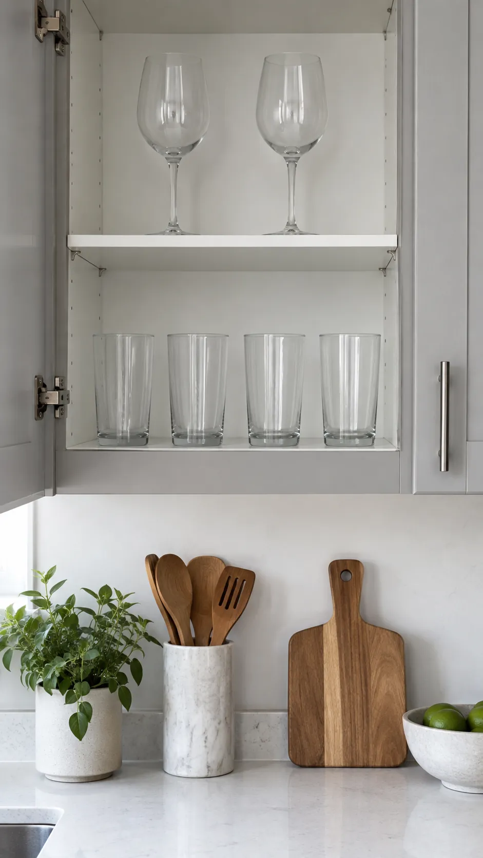 Kitchen cabinet with everyday tumblers and separately stored wine glasses
