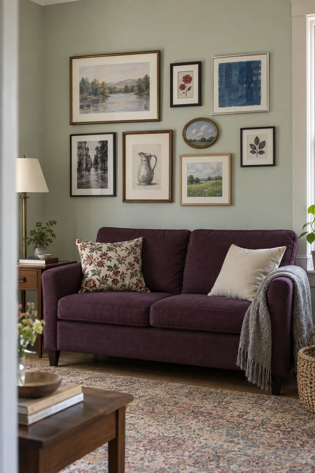 Mixed frame gallery above a plum loveseat in a small sitting room
