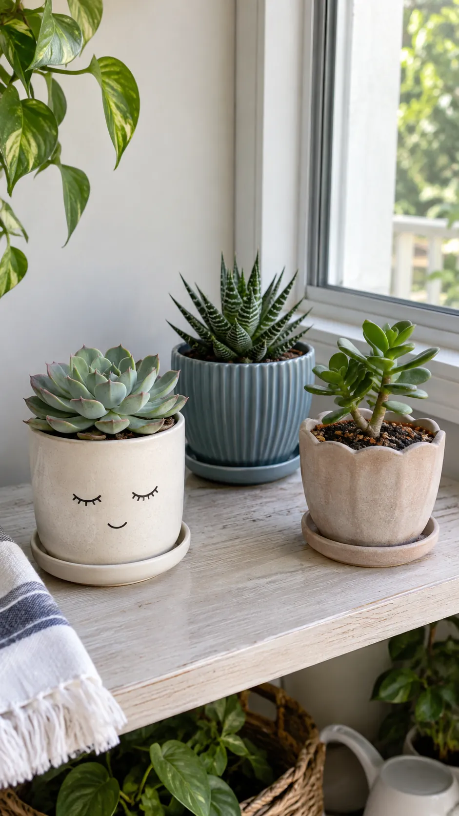 Small characterful succulent pots arranged on a bright home plant shelf