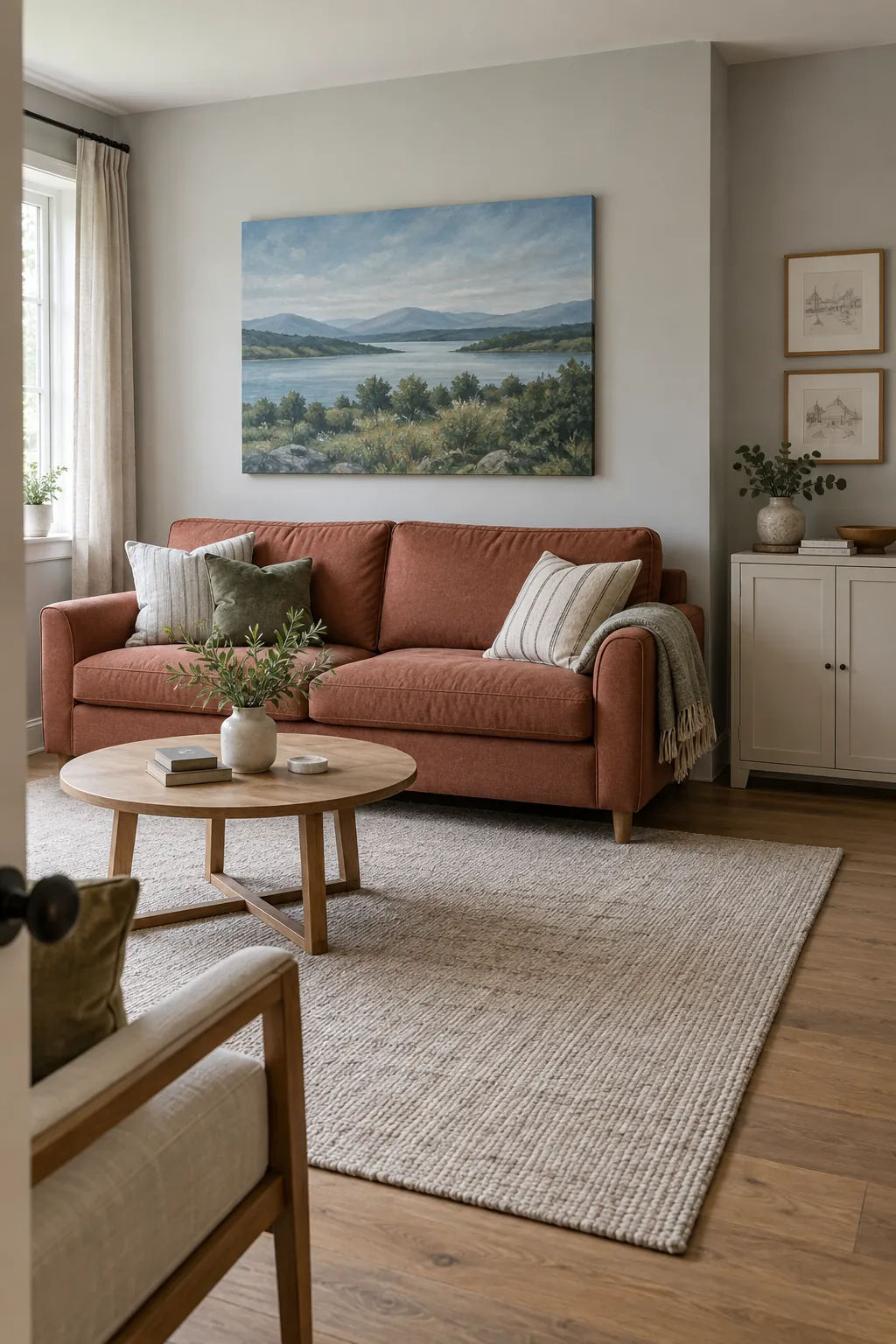 Practical family room with landscape art, terracotta sofa, and closed storage