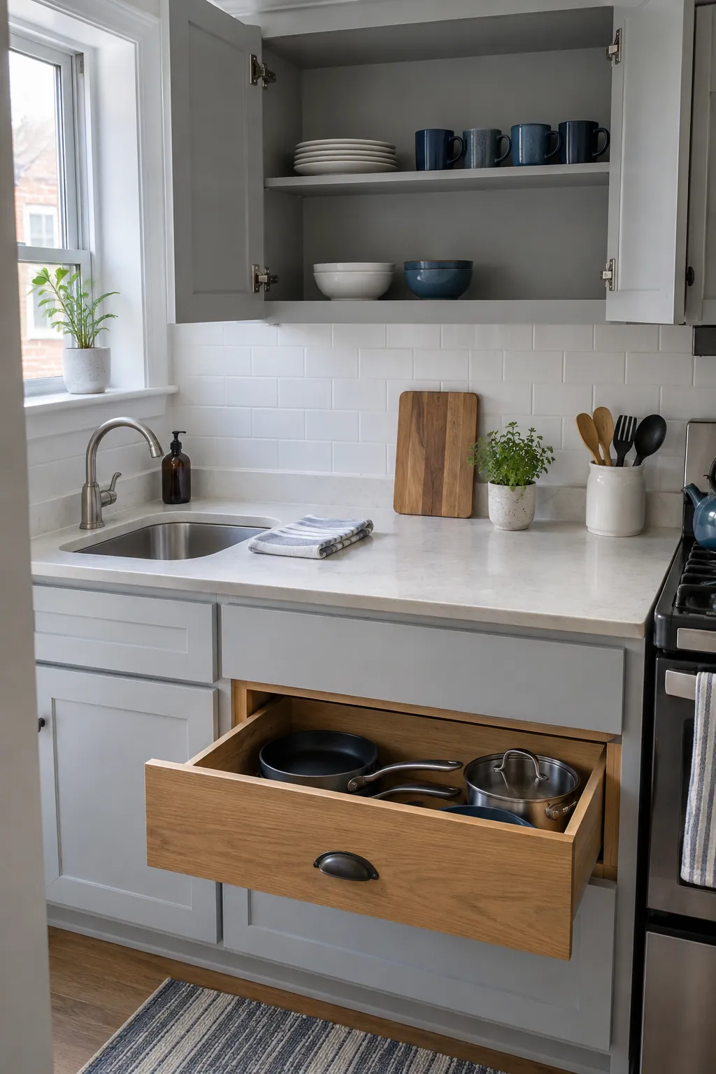 Accessible dishes and cookware in organized kitchen cabinets