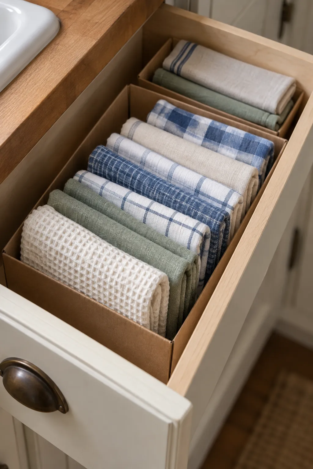 Kitchen towels file folded in a shallow drawer