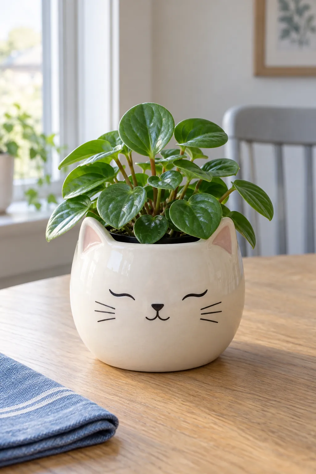 Ivory cat ceramic cachepot with a compact peperomia on a breakfast table