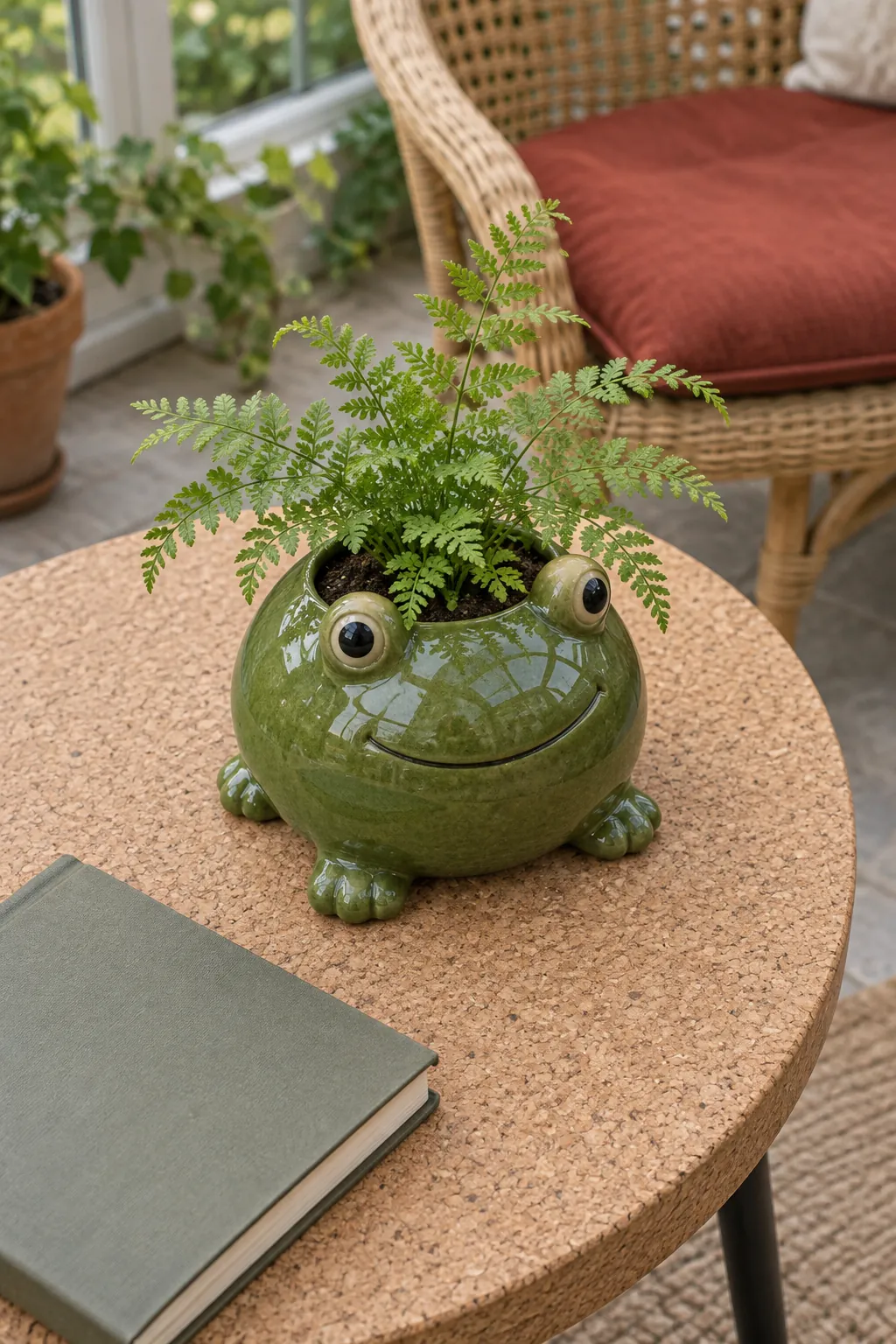 Moss green round frog planter holding a delicate small fern in the low cork topped table in a compact conservatory