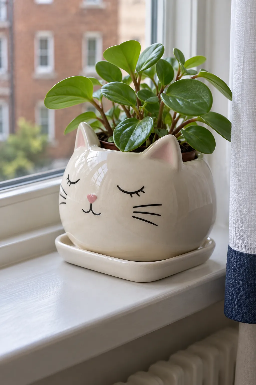 Ivory sleepy cat cachepot with painted whiskers and a little peperomia in a narrow white apartment window ledge above a radiator that is switched off