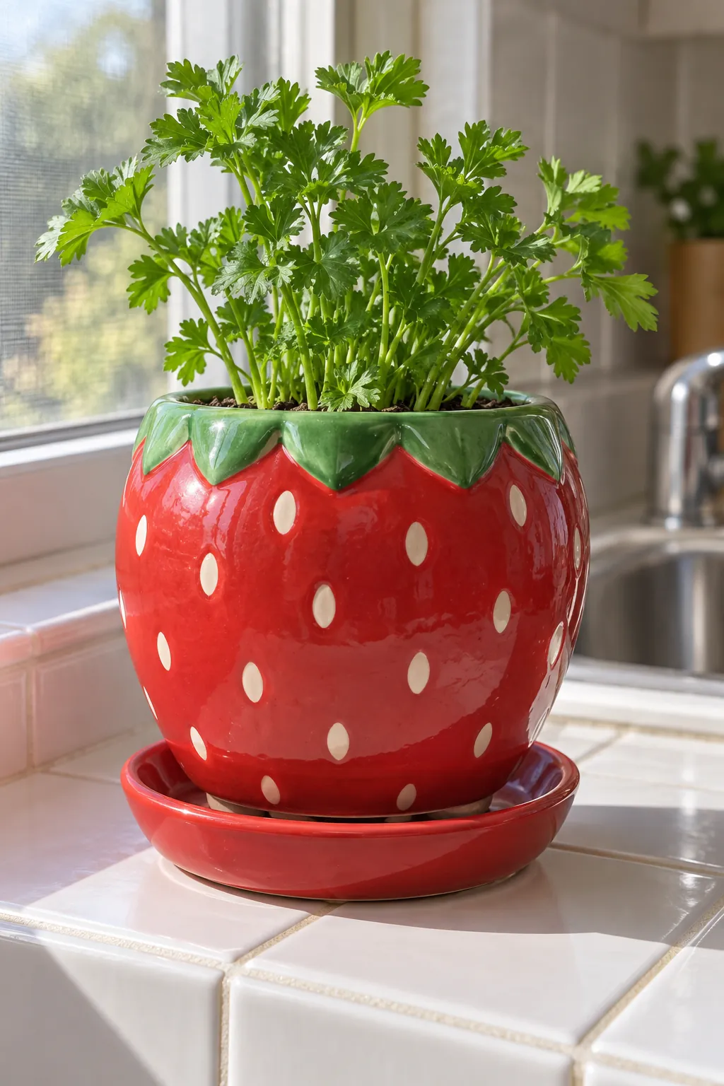 Smooth red strawberry ceramic pot with painted cream seeds and a green rim in a kitchen sill with white square tiles underneath