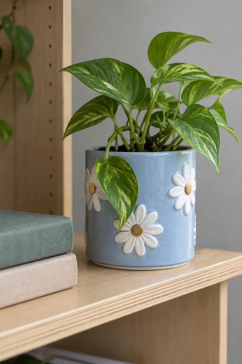 Powder blue cylinder carrying shallow white daisy reliefs and a small pothos in a pale plywood bookcase at the edge of a student living room
