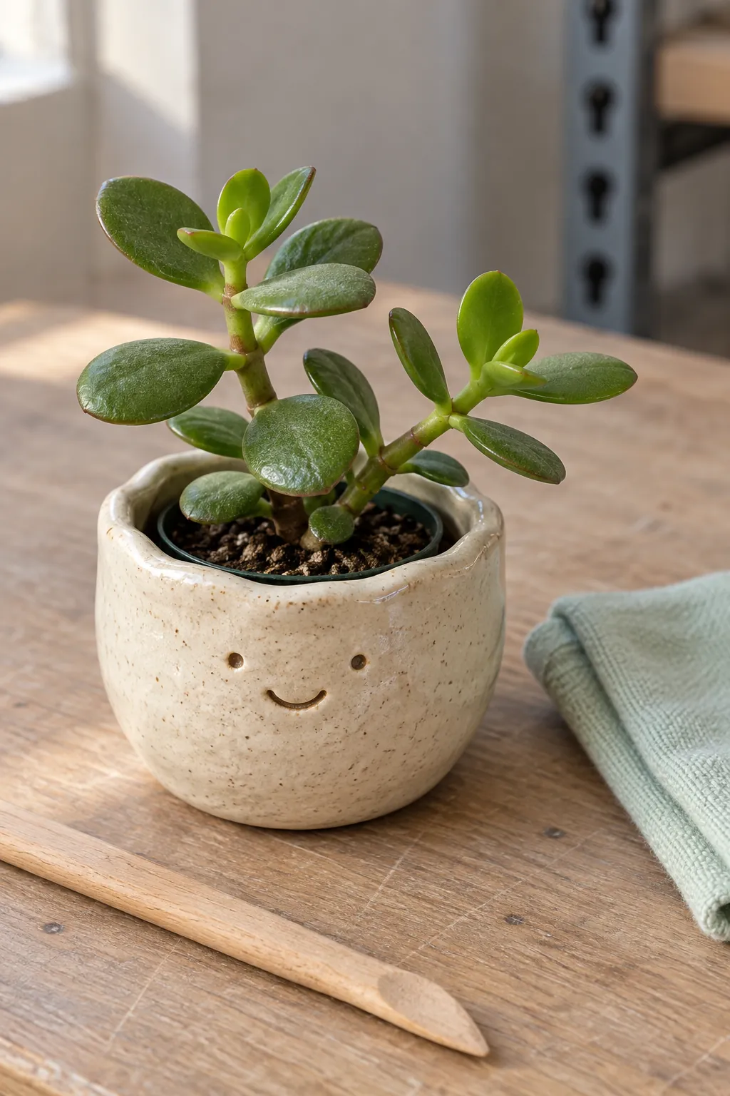Small cream handmade smiling pinch pot with one rooted young jade plant in a community pottery studio cleanup bench