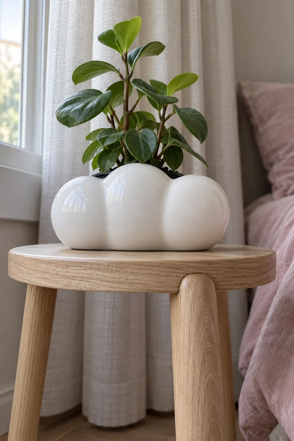 White cloud shaped cachepot surrounding a small upright green plant in a compact bedroom ash wood plant stand beside a window