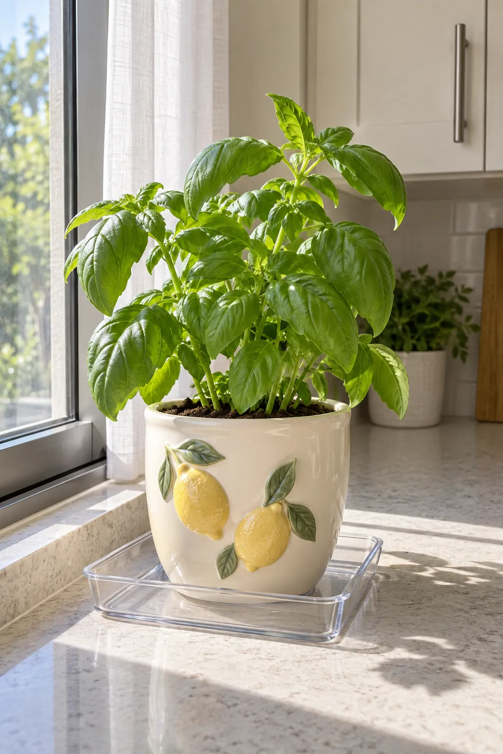 Ivory lemon relief planter holding a small healthy basil plant in a sunny kitchen counter beside a sliding window