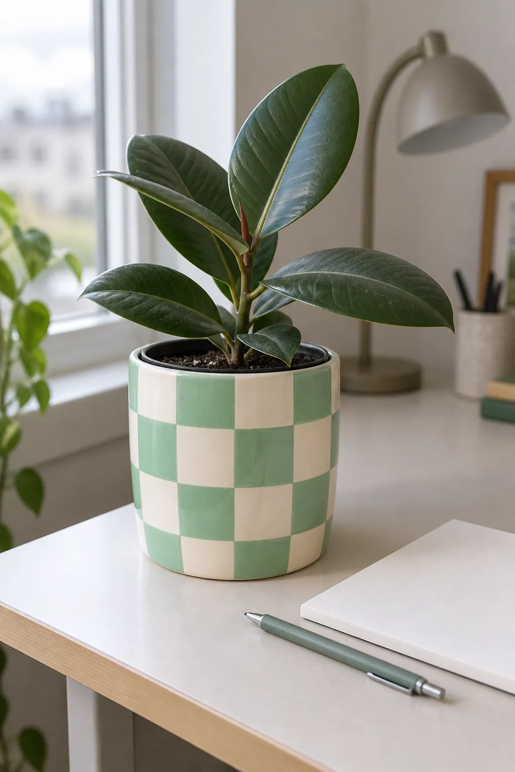 Large mint and cream checkerboard ceramic pot with a modest rubber plant in a renter apartment desk with a recycled laminate top