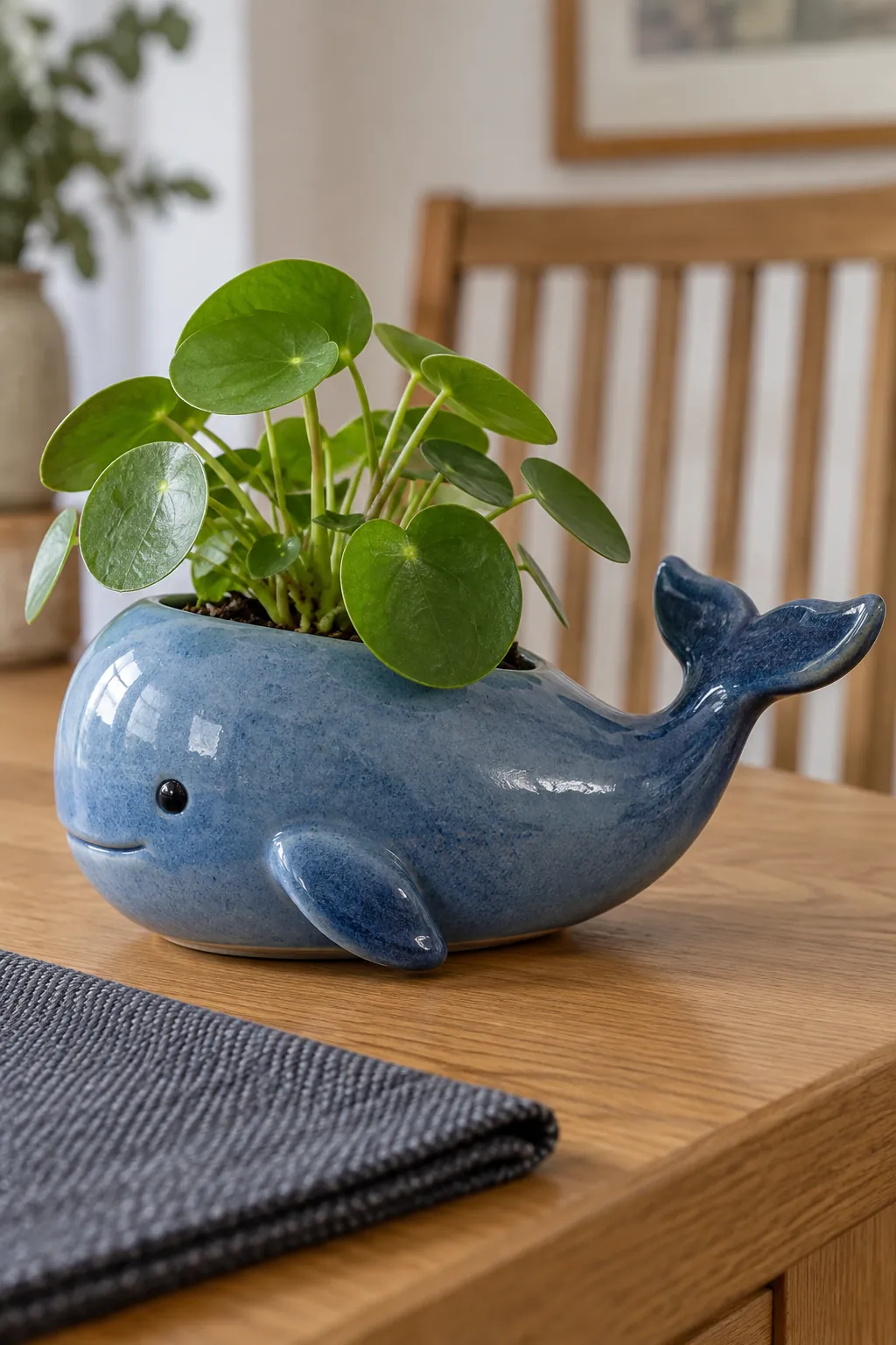 Blue whale cachepot carrying a compact pilea in an oak sideboard in a family dining corner