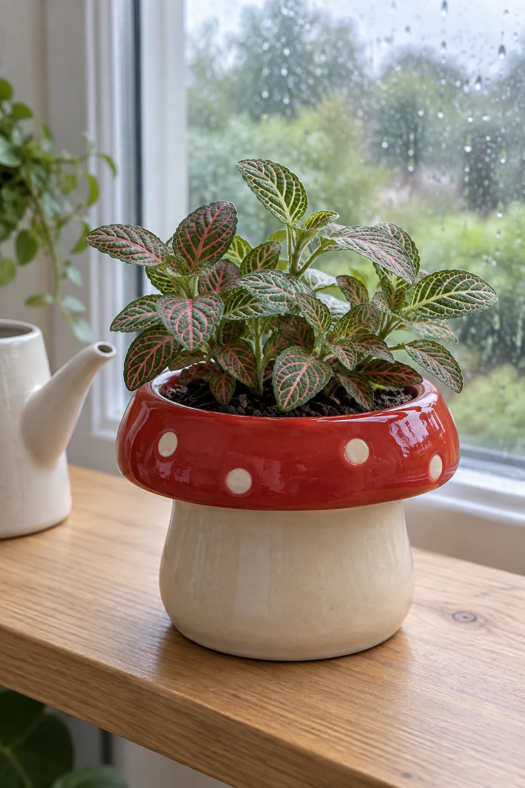 Mushroom inspired ceramic vessel with a red rim and small leafy fittonia in a pine plant shelf near a bright sitting room window