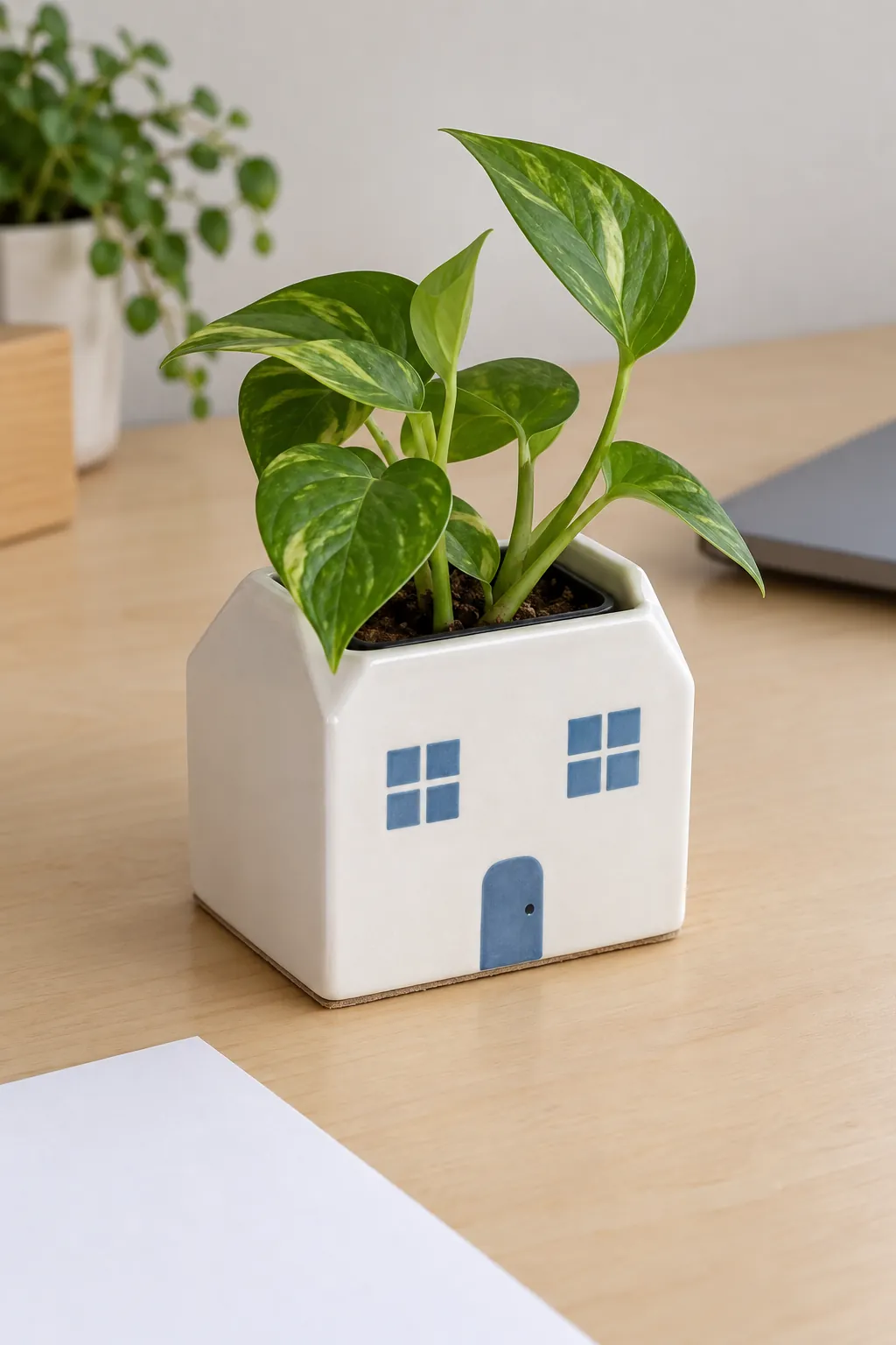 Small white ceramic house planter with blue painted windows and a leafy cutting in the corner of a home office birch desk