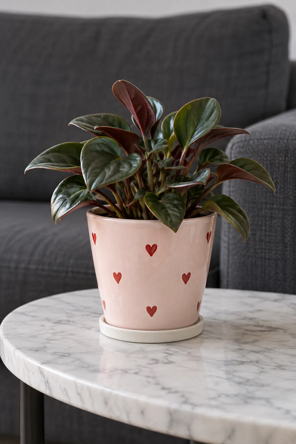 Pale blush tapered ceramic pot patterned with spaced red hearts and a dark peperomia in a small round marble side table beside a sofa