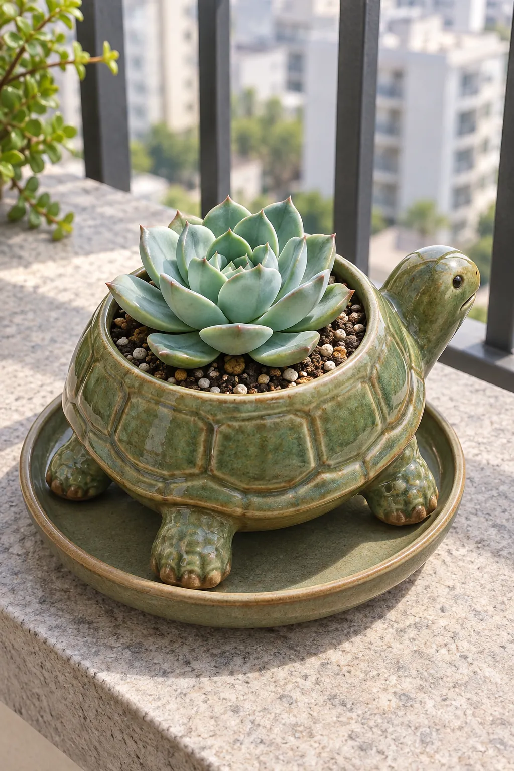 Earthy green turtle ceramic planter with a single compact echeveria in its shell in a sheltered balcony stone ledge safely inside the railing
