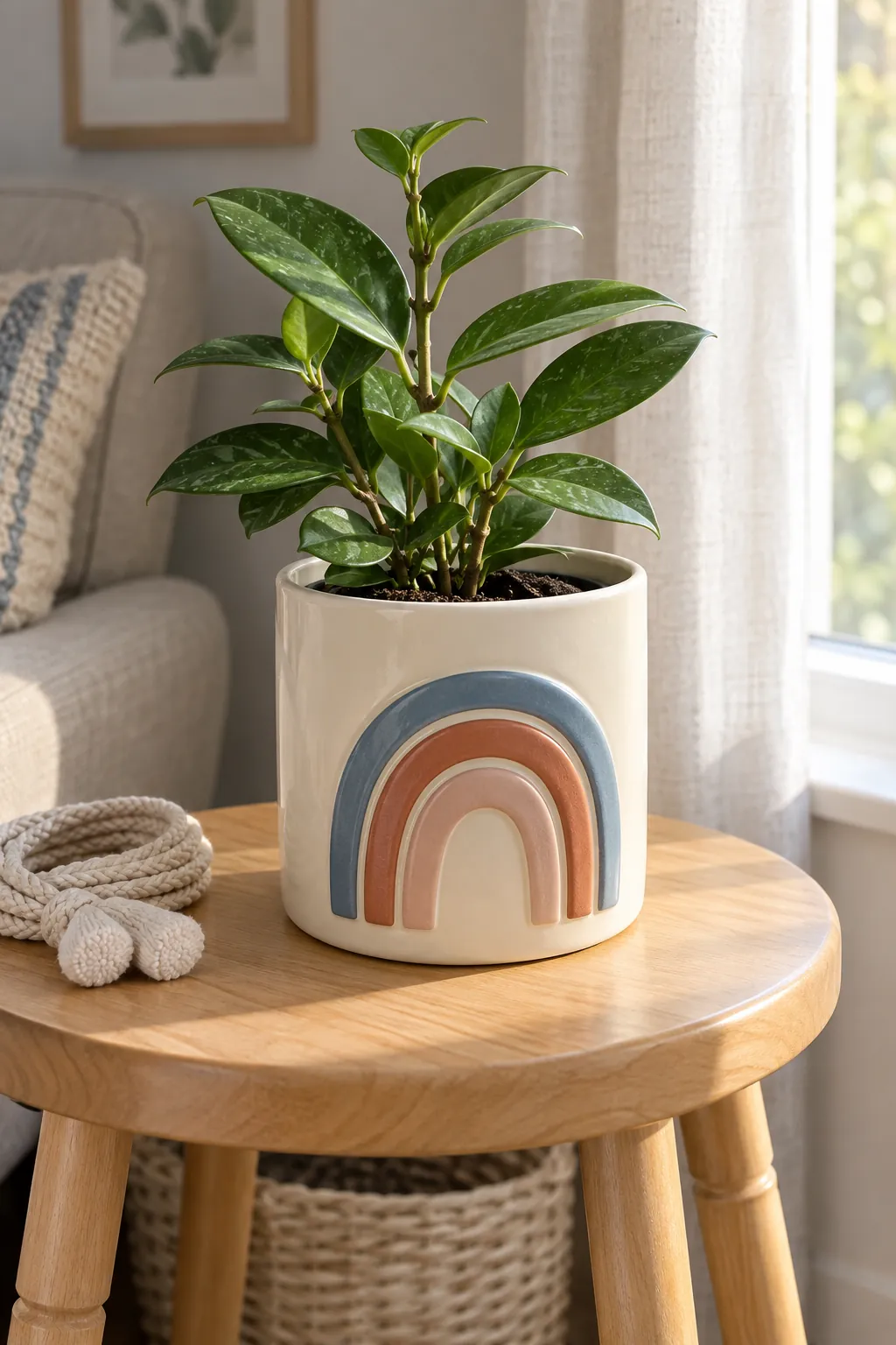 Cream cachepot with a raised muted rainbow and a small upright hoya in a living room maple plant stool near a window