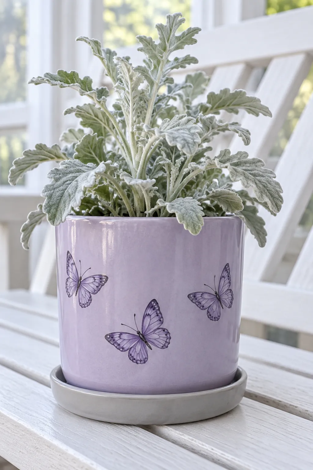 Lavender ceramic cylinder painted with three small butterflies and a silvery plant in a bright enclosed porch bench made of painted white timber