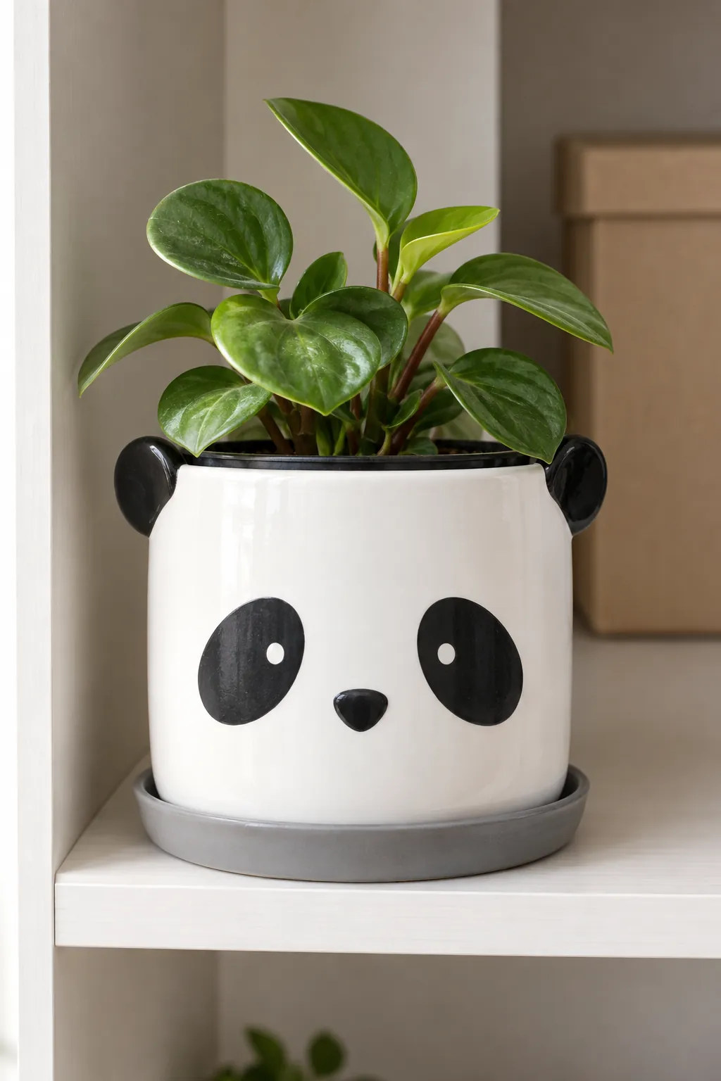 White panda face cylinder with low black ears and a small upright peperomia in a modest shared apartment shelving cubby open to window light