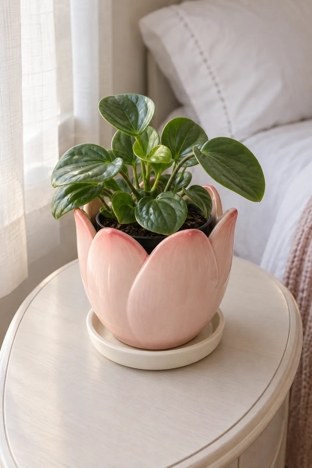 Blush tulip cup planter with an open petal rim and a compact green plant in a narrow but stable oval bedside table near a bedroom window