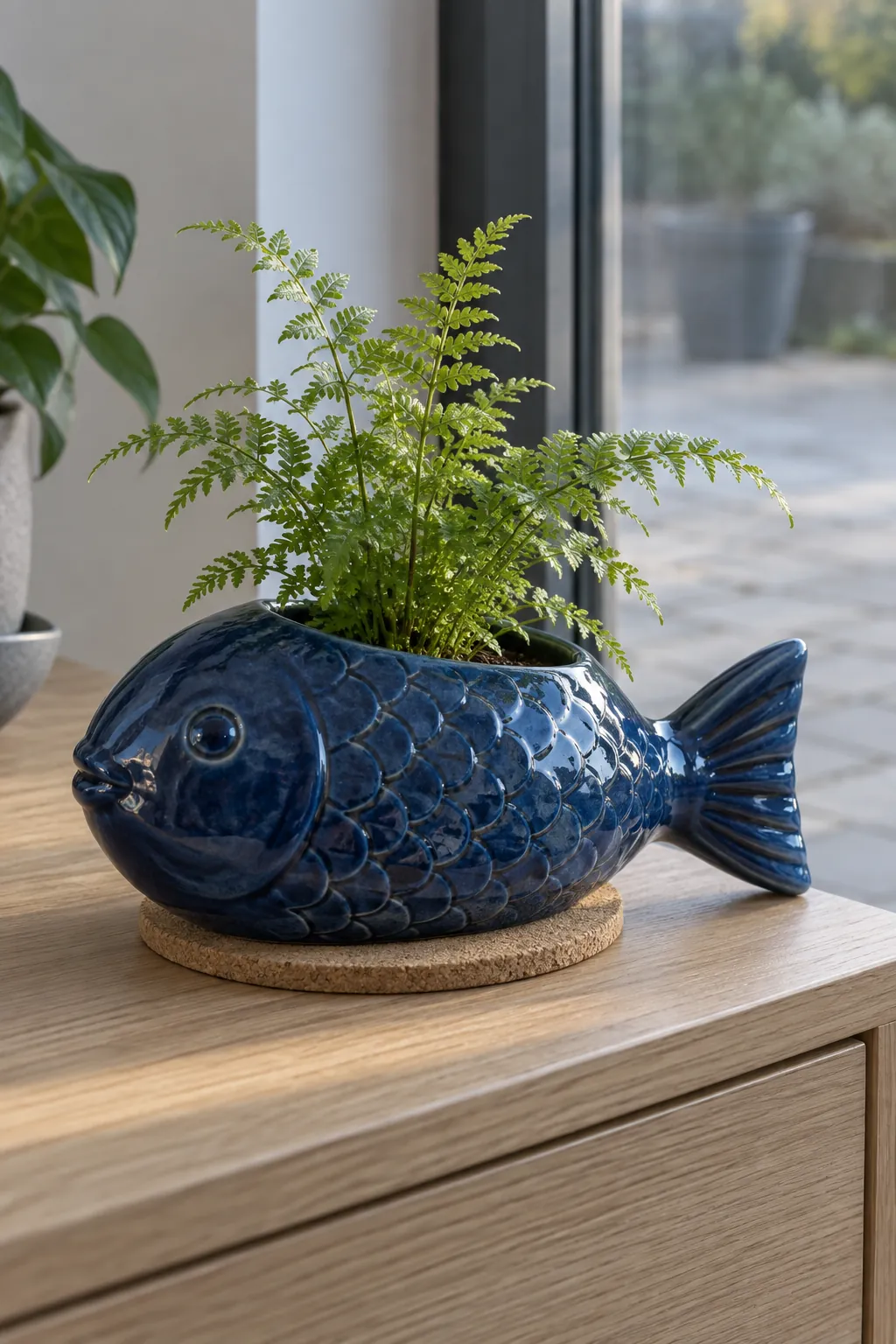 Cobalt glazed fish shaped vessel with shallow carved scales and a small fern in a low ash wood media cabinet beside a glazed terrace door
